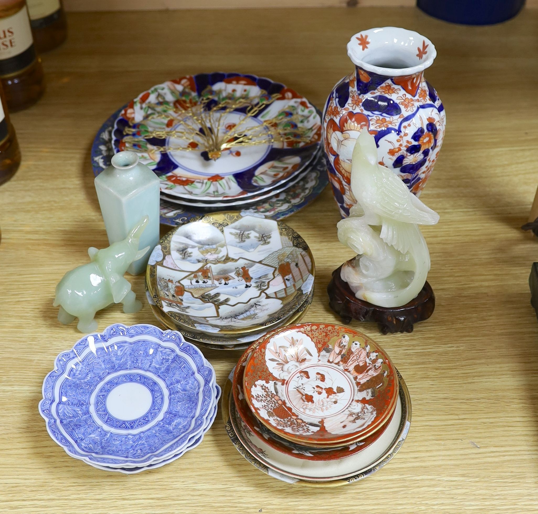 Selection of various Chinese and Japanese ceramics, together with a jade elephant and bowenite figure